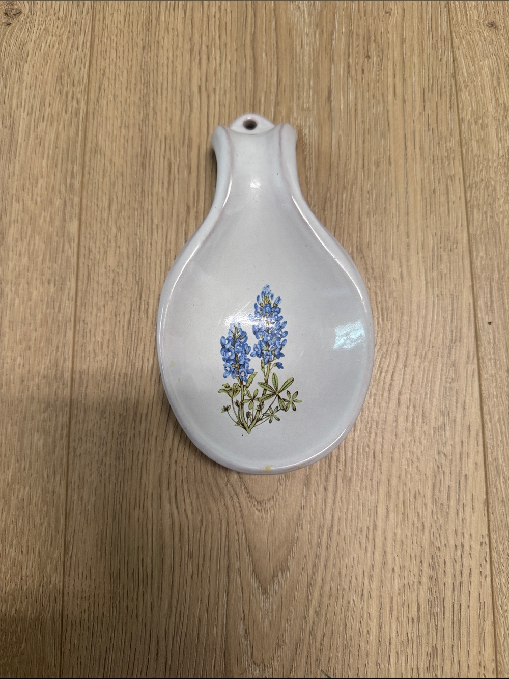 Frankoma vintage pottery White Ceramic Spoon Rest with Blue Floral Accent Texas